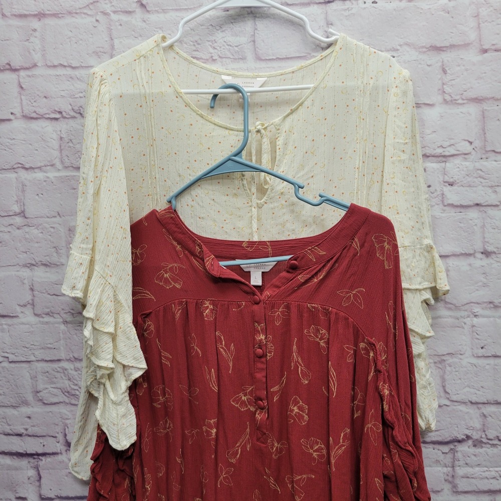 TWO Lauren Conrad Boho Rayon Blouses L Ruffle Sleeve Fairycore Cottage Peasant